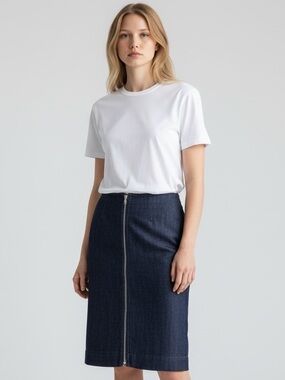 Tomas Maier Navy Denim Midi Skirt with Front Zip Size 2